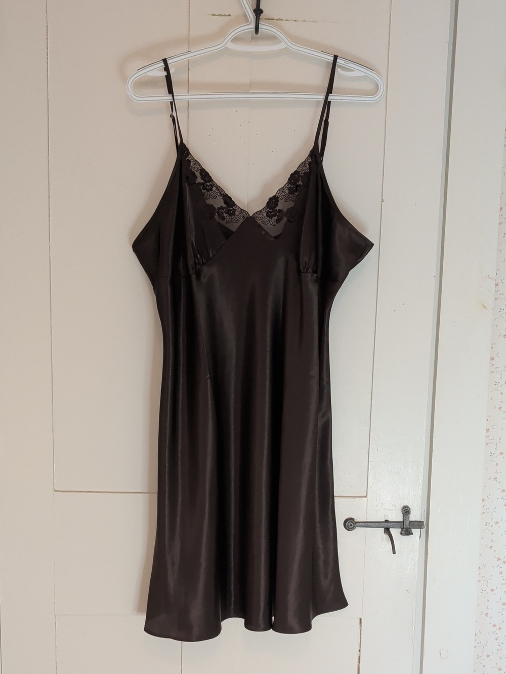 Adonna Slip Dress Brown Lace Trim XL Satin Sleek Sexy Adjustable Straps